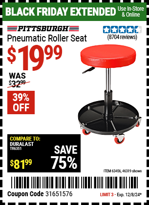 Buy the PITTSBURGH AUTOMOTIVE Pneumatic Roller Seat (Item 46319/63456) for $19.99, valid through 12/8/2024.