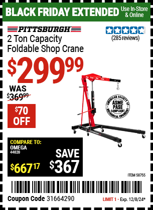 Buy the PITTSBURGH 2 Ton-Capacity Foldable Shop Crane (Item 58755) for $299.99, valid through 12/8/2024.