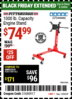 Buy the PITTSBURGH 1000 lb. Capacity Engine Stand (Item 59201) for $74.99, valid through 12/8/2024.