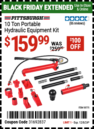 Buy the PITTSBURGH 10 Ton Portable Hydraulic Equipment Kit (Item 58775) for $159.99, valid through 12/8/2024.