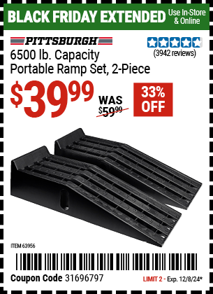 Buy the PITTSBURGH AUTOMOTIVE 6500 lb. Capacity Portable Ramp Set, 2-Piece (Item 63956) for $39.99, valid through 12/8/2024.