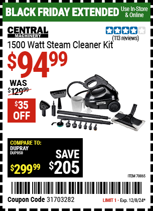 Buy the CENTRAL MACHINERY 1500 Watt Steam Cleaner Kit (Item 70065) for $94.99, valid through 12/8/2024.