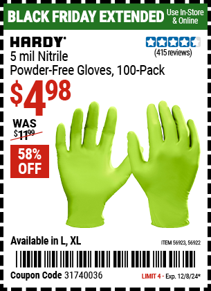 Buy the HARDY 5 mil Nitrile Powder-Free Gloves, 100-Pack, Green (Item 56922/56923) for $4.98, valid through 12/8/2024.