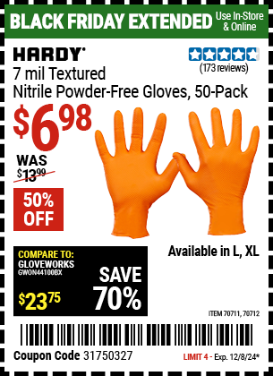 Buy the HARDY 7 mil Textured Nitrile Powder-Free Gloves, 50-Pack (Item 70711/70712) for $6.98, valid through 12/8/2024.