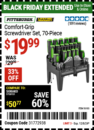 Buy the PITTSBURGH Comfort Grip Screwdriver Set, 70-Piece (Item 56103) for $19.99, valid through 12/8/2024.