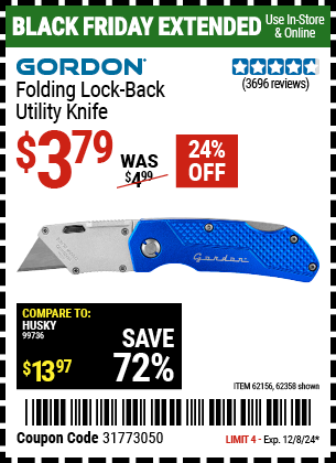 Buy the GORDON Folding Lock-Back Utility Knife (Item 62358/62156) for $3.79, valid through 12/8/2024.