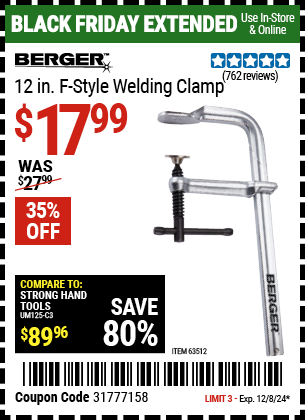 Buy the BERGER 12 in. F-Style Welding Clamp (Item 63512) for $17.99, valid through 12/8/2024.