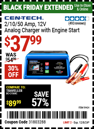 Buy the CEN-TECH 2/10/50 Amp, 12V Analog Charger with Engine Start (Item 59424) for $37.99, valid through 12/8/2024.