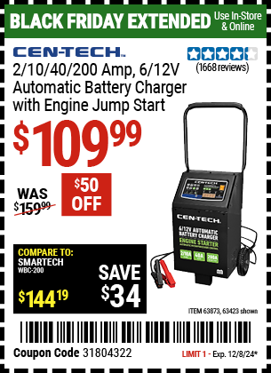 Buy the CEN-TECH 2/10/40/200 Amp, 6/12V Automatic Battery Charger with Engine Jump Start (Item 63423/63873) for $109.99, valid through 12/8/2024.