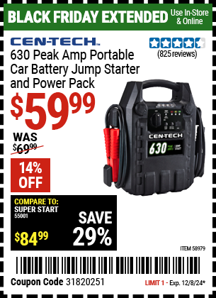 Buy the CEN-TECH 630 Peak Amp Portable Car Battery Jump Starter and Power Pack (Item 58979) for $59.99, valid through 12/8/2024.