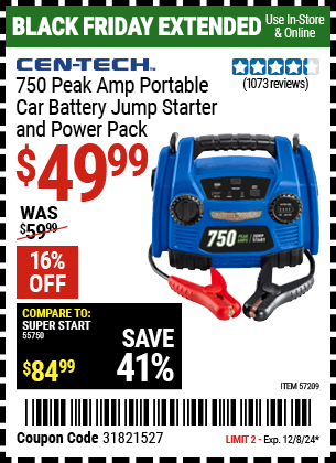 Buy the CEN-TECH 750 Peak Amp Portable Car Battery Jump Starter and Power Pack (Item 57209) for $49.99, valid through 12/8/2024.