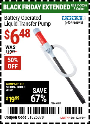 Buy the Battery-Operated Liquid Transfer Pump (Item 63847) for $6.48, valid through 12/8/2024.