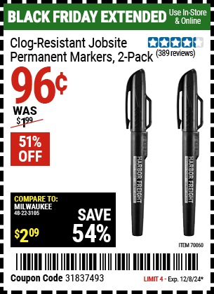 Buy the Clog-Resistant Jobsite Permanent Markers, 2-Pack (Item 70060) for $0.96, valid through 12/8/2024.