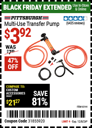 Buy the PITTSBURGH AUTOMOTIVE Multi-Use Transfer Pump (Item 63144) for $3.92, valid through 12/8/2024.