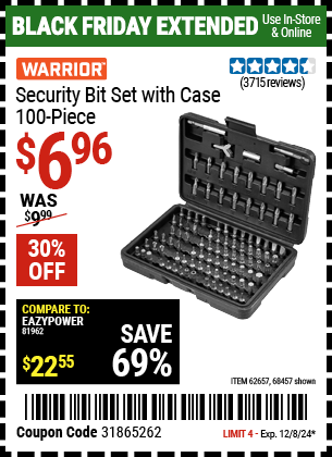 Buy the WARRIOR Security Bit Set with Case, 100 Piece (Item 68457/62657) for $6.96, valid through 12/8/2024.