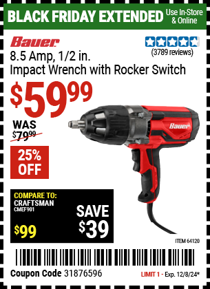 Buy the BAUER 8.5 Amp 1/2 in. Impact Wrench with Rocker Switch (Item 64120) for $59.99, valid through 12/8/2024.