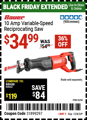 Buy the BAUER 10 Amp Variable Speed Reciprocating Saw (Item 56250) for $34.99, valid through 12/8/2024.