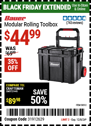 Buy the BAUER Modular Rolling Toolbox (Item 58512) for $44.99, valid through 12/8/2024.