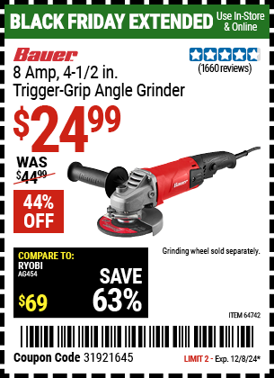 Buy the BAUER 8 Amp 4-1/2 in. Trigger Grip Angle Grinder (Item 64742) for $24.99, valid through 12/8/2024.