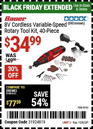 Buy the BAUER 8V Cordless Variable Speed Rotary Tool Kit, 40 Piece (Item 58162) for $34.99, valid through 12/8/2024.