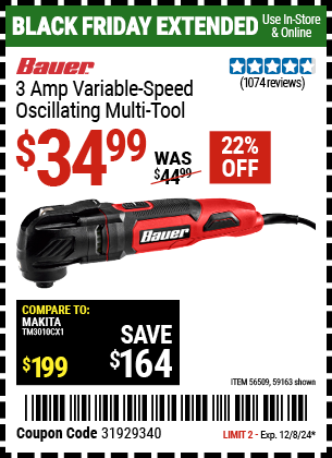 Buy the BAUER 3 Amp Variable-Speed Oscillating Multi-Tool (Item 59163/56509) for $34.99, valid through 12/8/2024.