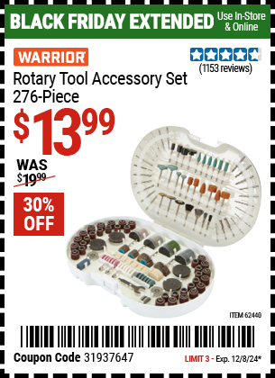 Buy the WARRIOR Rotary Tool Accessory Set, 276 Piece (Item 62440) for $13.99, valid through 12/8/2024.