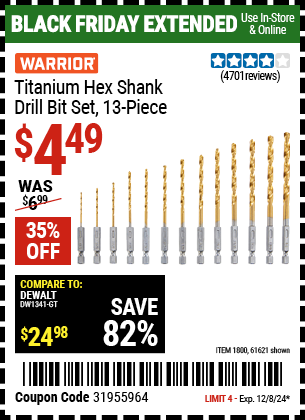 Buy the WARRIOR Titanium Hex Shank Drill Bit Set, 13-Piece (Item 61621/1800) for $4.49, valid through 12/8/2024.