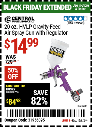 Buy the CENTRAL PNEUMATIC 20 oz. HVLP Gravity-Feed Air Spray Gun with Regulator (Item 62381) for $14.99, valid through 12/8/2024.