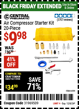 Buy the CENTRAL PNEUMATIC Air Compressor Starter Kit, 20 Piece (Item 64599) for $9.98, valid through 12/8/2024.