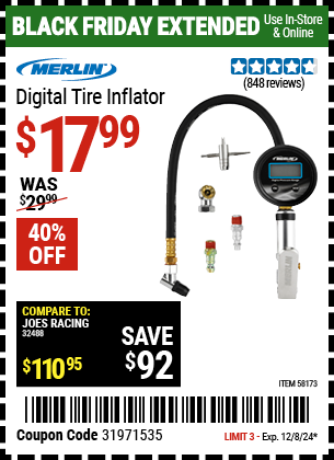 Buy the MERLIN Digital Tire Inflator (Item 58173) for $17.99, valid through 12/8/2024.