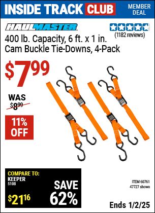 Inside Track Club members can Buy the HAUL-MASTER 400 lb. Capacity 6 ft. x 1 in. Cam Buckle Tie Downs, 4 Pack (Item 47727/60761) for $7.99, valid through 1/2/2025.