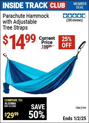 Inside Track Club members can Buy the Parachute Hammock with Adjustable Tree Straps (Item 57399) for $14.99, valid through 1/2/2025.