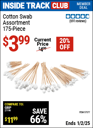 Inside Track Club members can Buy the Cotton Swab Assortment, 175 Piece (Item 57577) for $3.99, valid through 1/2/2025.