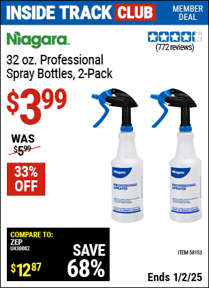 Inside Track Club members can Buy the NIAGARA 32 oz. Professional Spray Bottle, 2 Pack (Item 58153) for $3.99, valid through 1/2/2025.