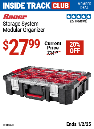 Inside Track Club members can Buy the BAUER Storage System Modular Organizer (Item 58513) for $27.99, valid through 1/2/2025.