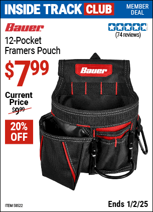 Inside Track Club members can Buy the BAUER 12 Pocket Framers Pouch (Item 58522) for $7.99, valid through 1/2/2025.