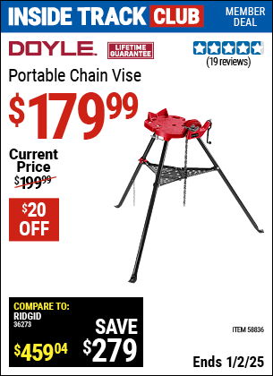 Inside Track Club members can Buy the DOYLE Portable Chain Vise (Item 58836) for $179.99, valid through 1/2/2025.