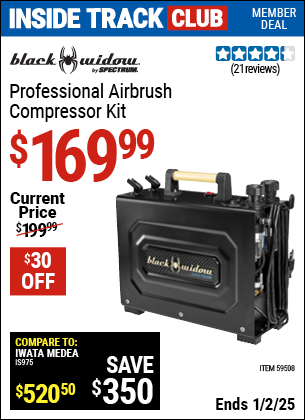 Inside Track Club members can Buy the BLACK WIDOW BY SPECTRUM Professional Airbrush Compressor Kit (Item 59508) for $169.99, valid through 1/2/2025.