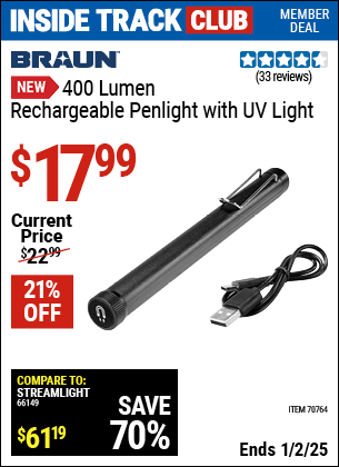 Inside Track Club members can Buy the BRAUN 400 Lumen Rechargeable Penlight with UV Light (Item 70764) for $17.99, valid through 1/2/2025.