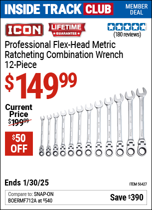 Inside Track Club members can Buy the ICON Professional Flex-Head Metric Ratcheting Combination Wrench, 12-Piece (Item 56427) for $149.99, valid through 1/30/2025.