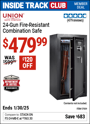 Inside Track Club members can Buy the UNION SAFE COMPANY 24 Gun Fire Resistant Combination Safe (Item 57039) for $479.99, valid through 1/30/2025.