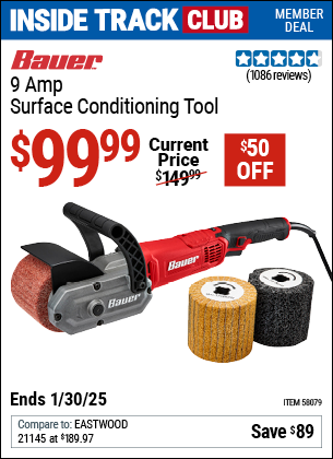 Inside Track Club members can Buy the BAUER 9 Amp Surface Conditioning Tool (Item 58079) for $99.99, valid through 1/30/2025.