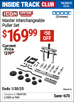 Inside Track Club members can Buy the ICON Master Interchangeable Puller Set (Item 58118) for $169.99, valid through 1/30/2025.