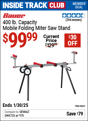 Inside Track Club members can Buy the BAUER 400 lb. Mobile Folding Miter Saw Stand (Item 58654) for $99.99, valid through 1/30/2025.