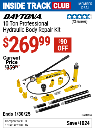 Inside Track Club members can Buy the DAYTONA 10 Ton Professional Hydraulic Body Repair Kit (Item 58665) for $269.99, valid through 1/30/2025.