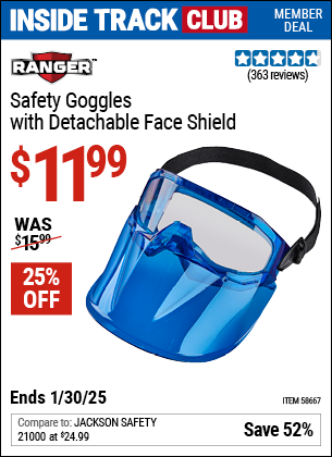 Inside Track Club members can Buy the RANGER Safety Goggles with Detachable Face Shield (Item 58667) for $11.99, valid through 1/30/2025.