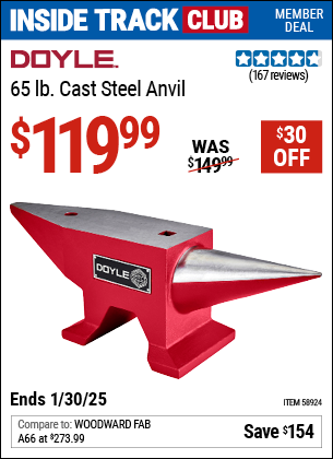 Inside Track Club members can Buy the DOYLE 65 lb. Cast Steel Anvil (Item 58924) for $119.99, valid through 1/30/2025.