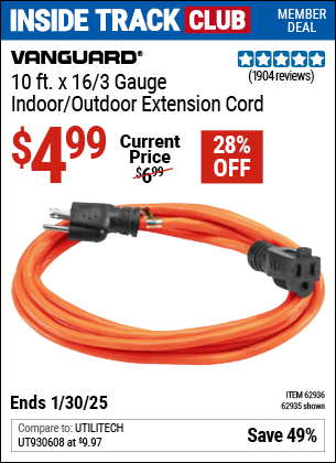 Inside Track Club members can Buy the VANGUARD 10 ft. x 16/3 Gauge Indoor/Outdoor Extension Cord, Orange (Item 62935/62936) for $4.99, valid through 1/30/2025.