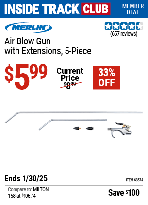 Inside Track Club members can Buy the MERLIN Air Blow Gun with Extensions, 5-Piece (Item 63574) for $5.99, valid through 1/30/2025.