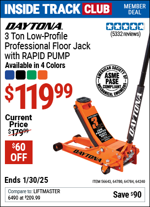 Inside Track Club members can Buy the DAYTONA 3 Ton Low-Profile Professional Floor Jack with RAPID PUMP (Item 64240/64780/64240/56643) for $119.99, valid through 1/30/2025.